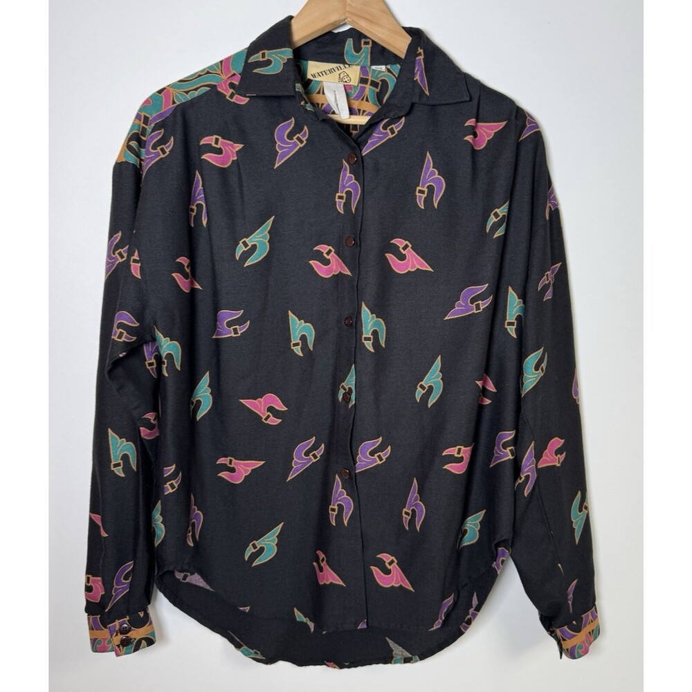 Vintage Waterville Women Blouse Size 5/6 Black Geometric‎ Print Long Sleeve 80s